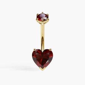 Jolie Co 14k Solid Yellow Gold - Genuine Garnet Heart Belly Button Ring, Custom Fitted to Your Piercing 5mm to 14mm, (Optional) Dangle