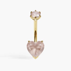 Jolie Co 14k Solid Yellow Gold - Genuine Rose Quartz Heart Belly Button Ring, Custom Fitted to Your Piercing 5mm to 14mm, (Optional) Dangle