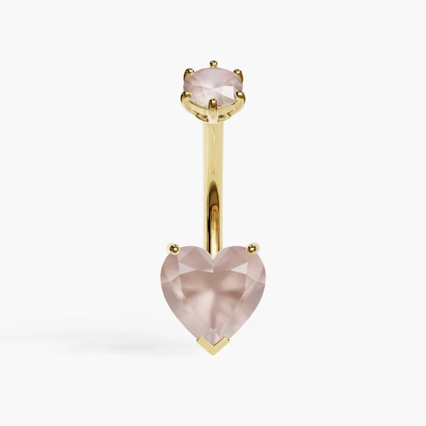 Jolie Co 14k Solid Yellow Gold - Genuine Rose Quartz Heart Belly Button Ring, Custom Fitted to Your Piercing 5mm to 14mm, (Optional) Dangle