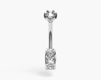 Anillo de ombligo abovedado: moissanita, oro blanco macizo de 14 k y 18 k y platino. Se adapta a tu perforación de 5 mm a 14 mm.