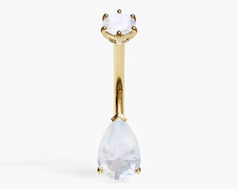 Jolie Co 14k, 18k Solid Yellow & Rose Gold - Genuine Moonstone Teardrop Belly Button Ring, Custom Fitted to Your Piercing 5mm to 14mm