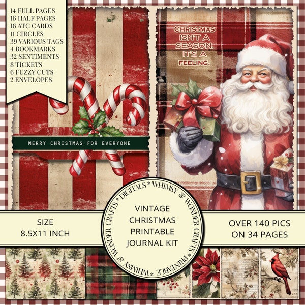 Vintage Christmas Kit, printable set with over 140 digital items, ephemera, papers, ATCs, bookmarks, fuzzy cuts, envelopes, words & tags