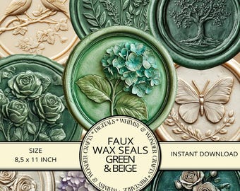 Namaaklakzegels in groen en beige - assortiment van 32 zegels - 2 maten en kleuren - direct downloaden - jpeg- en pdf-indeling