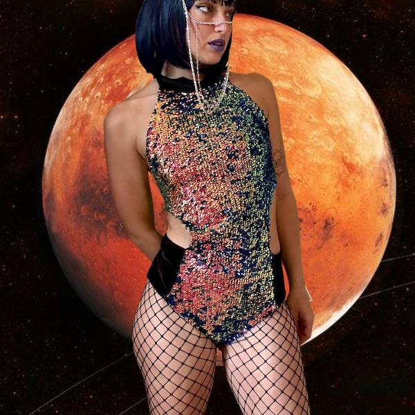 Life on Mars bodysuit festival clothing rave wear party costume sequin Edc edm burning man shiny fire velvet sexy Halloween costume