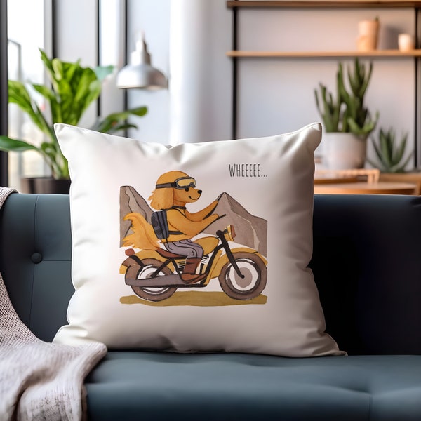 Golden Doodle Motorrad Fahrt - Lustiges Kissen für Hundeliebhaber, Urkomisches Dekokissen, Geschenk für Hundebesitzer, entzückender Hunde Dekor, gemütliches Wohndekor