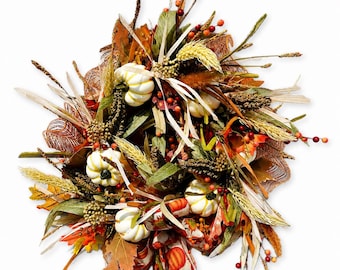Large Neutral Fall Pumpkin Wreath | White Pumpkin Fall Front Door Wreath | Rustic Harvest Decor | Thanksgiving Wreath | Farmhouse Fall Decor