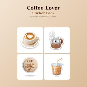 Può includere: Un pacchetto di adesivi digitali intitolato Coffee Lover Sticker Pack 4 Digital Download Stickers con quattro illustrazioni: un latte con schiuma a cuore, un bollitore marrone fumante, un cartello rotondo But First, Coffee e un caffè freddo.