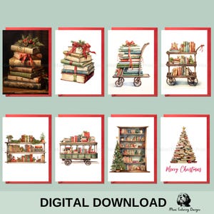Bundel Literary Delight kerstkaart, kerstkaartenset voor boekenliefhebbers, kerstkaartenpakket, afdrukbare groet, digitale download