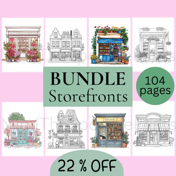 Bundle Storefronts Coloring Pages For Adults, Printable Coloring Book, Storefronts Urban Sketch Coloring, Digital Download