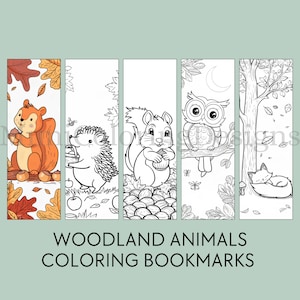May include: Five black and white colouring book bookmarks featuring woodland animals. The bookmarks feature a squirrel, hedgehog, owl, and fox.