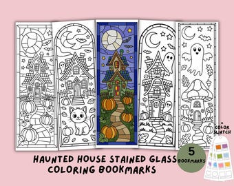 Stained Glass Haunted House Coloring Bookmarks, Printable Halloween Bookmark, Book Lover Gift, Digital Download PDF