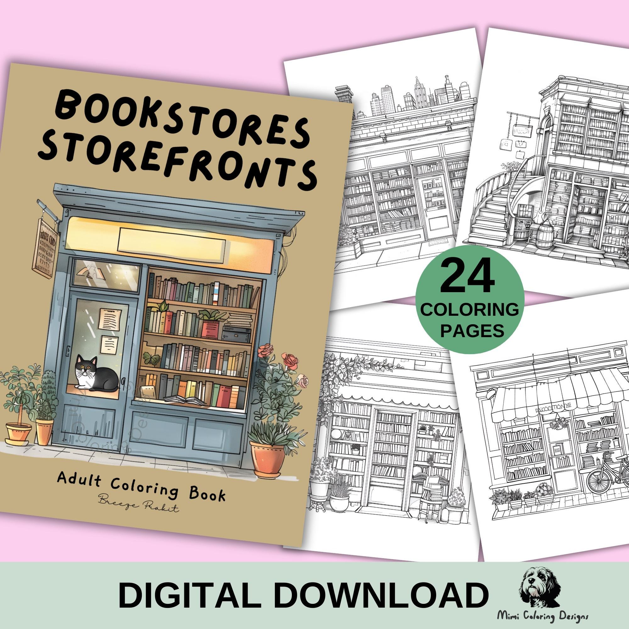 24 Bookstore Storefronts Coloring Pages for Adults | Printable Urban Sketch Coloring Book (Digital Download) - Image 1