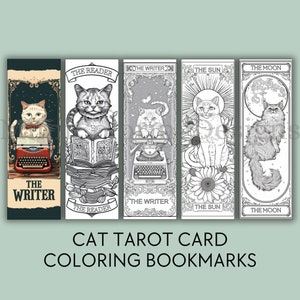 Marcadores para colorear con cartas del tarot de gato para imprimir y colorear para amantes de los gatos, marcapáginas de gato, decoración para rincones de lectura, regalo para gatos, regalo para amantes de los libros, descarga digital
