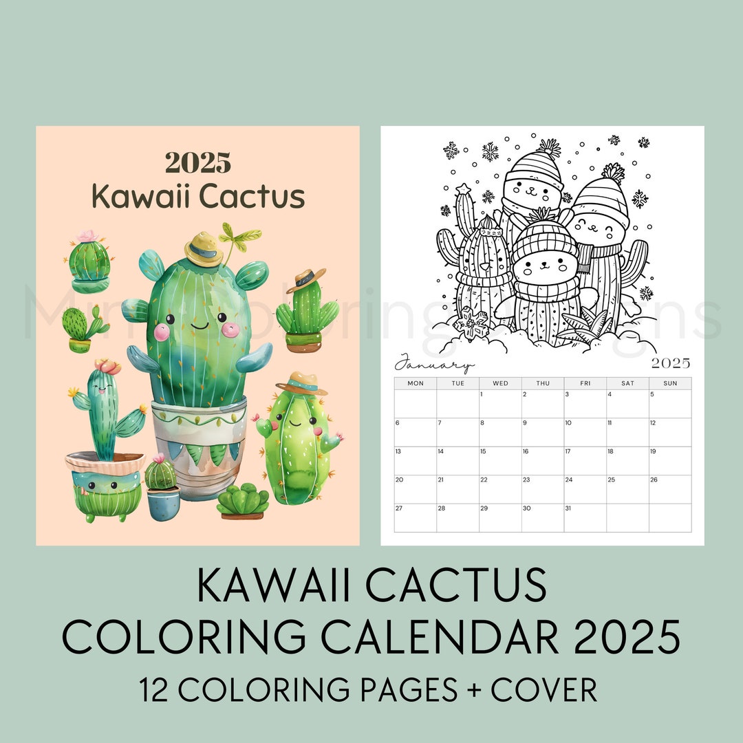 Cactus Coloring Calendar 2025 Printable, for Cactus Lovers, 2025 Monthly Planner, Desert Cacti