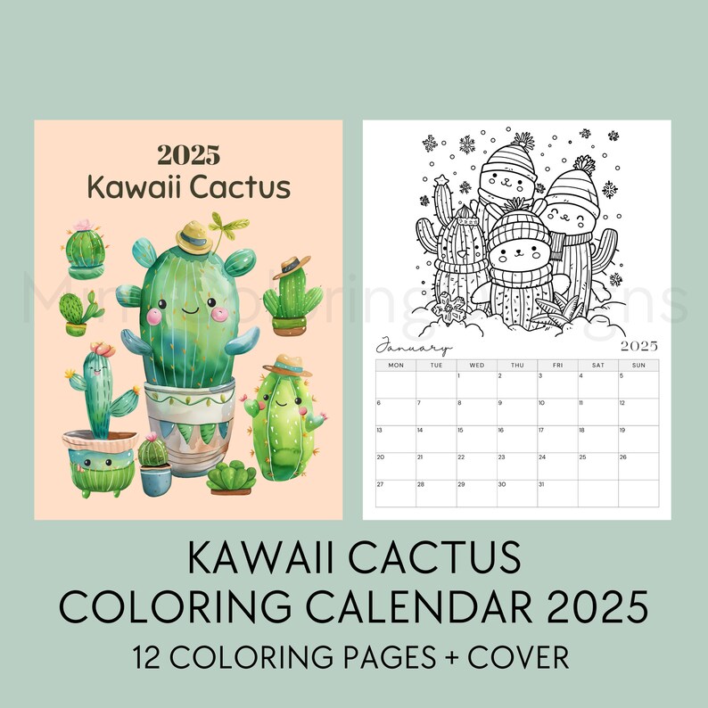 Cactus Coloring Calendar 2025 Printable, for Cactus Lovers, 2025