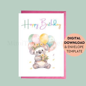 Cartão de aniversário de coala para impressão para crianças, feliz aniversário, saudação para impressão, download digital