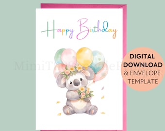 Koala Birthday Card Printable: Kids Happy Birthday Greeting (Digital Download)