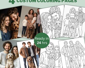 Libro para colorear de 4 retratos personalizados: Arte lineal personalizado (Descarga digital)