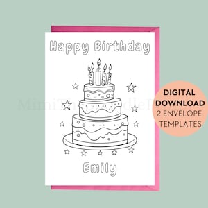 Carte d'anniversaire personnalisée à colorier, imprimable pour les enfants, joyeux anniversaire, carte d'anniversaire personnalisée, gâteau, voeux à imprimer, téléchargement numérique