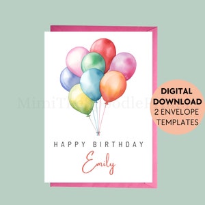 Tarjeta de cumpleaños con nombre personalizado para imprimir, tarjeta de cumpleaños para niños, tarjeta de cumpleaños para niños, globo, saludo para imprimir, descarga digital en formato PDF