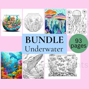 Bundle Underwater Coloring Pages For Kids and Adults, Printable Coloring Book, Ocean, Sea, Fish Bowl, Fish Tank, Jellyfish, Digital Download