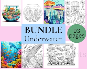 Pacchetto pagine da colorare subacquee per bambini e adulti, libro da colorare stampabile, oceano, mare, vasca per pesci, acquario, meduse, download digitale
