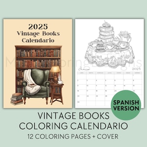 Calendrier espagnol 2025 à imprimer, Calendario Español à colorier, agenda mensuel 2025 en espagnol, cadeau pour les amoureux des livres, calendrier mural PDF imprimable