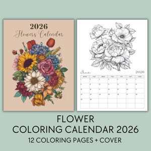Op de afbeelding: Een 2026 bloemen kleurkalender met een kleurrijk bloemendesign op de cover. De kalender bevat 12 kleurplaten. De juni-pagina toont een zwart-wit bloemenillustratie en een kalenderraster.
