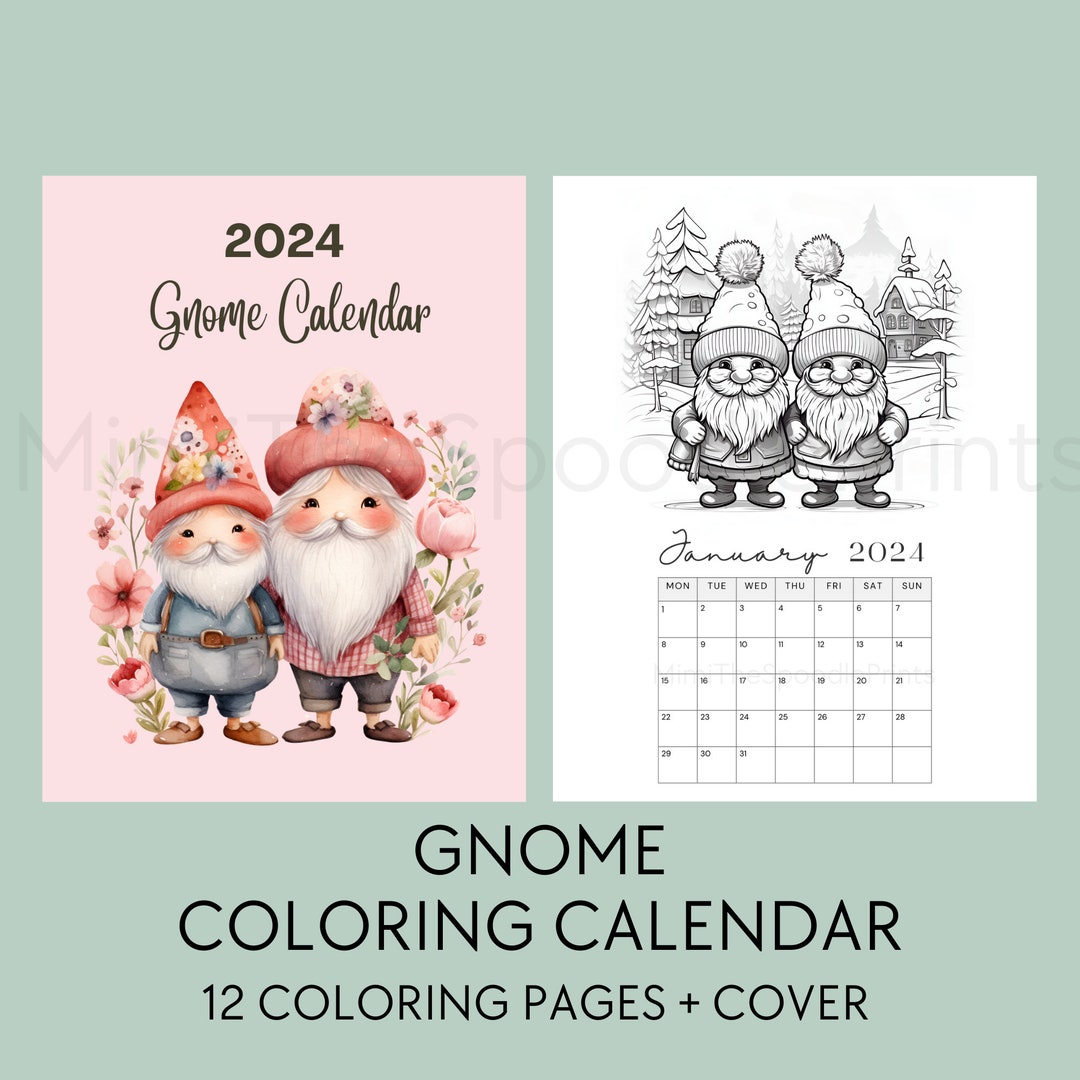 Gnome Coloring Calendar 2024 Printable, for Gnome Lovers, 2024 Monthly
