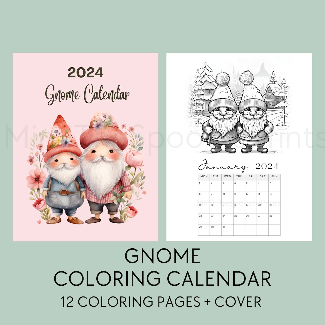 Gnome Coloring Calendar 2024 Printable, for Gnome Lovers, 2024 Monthly