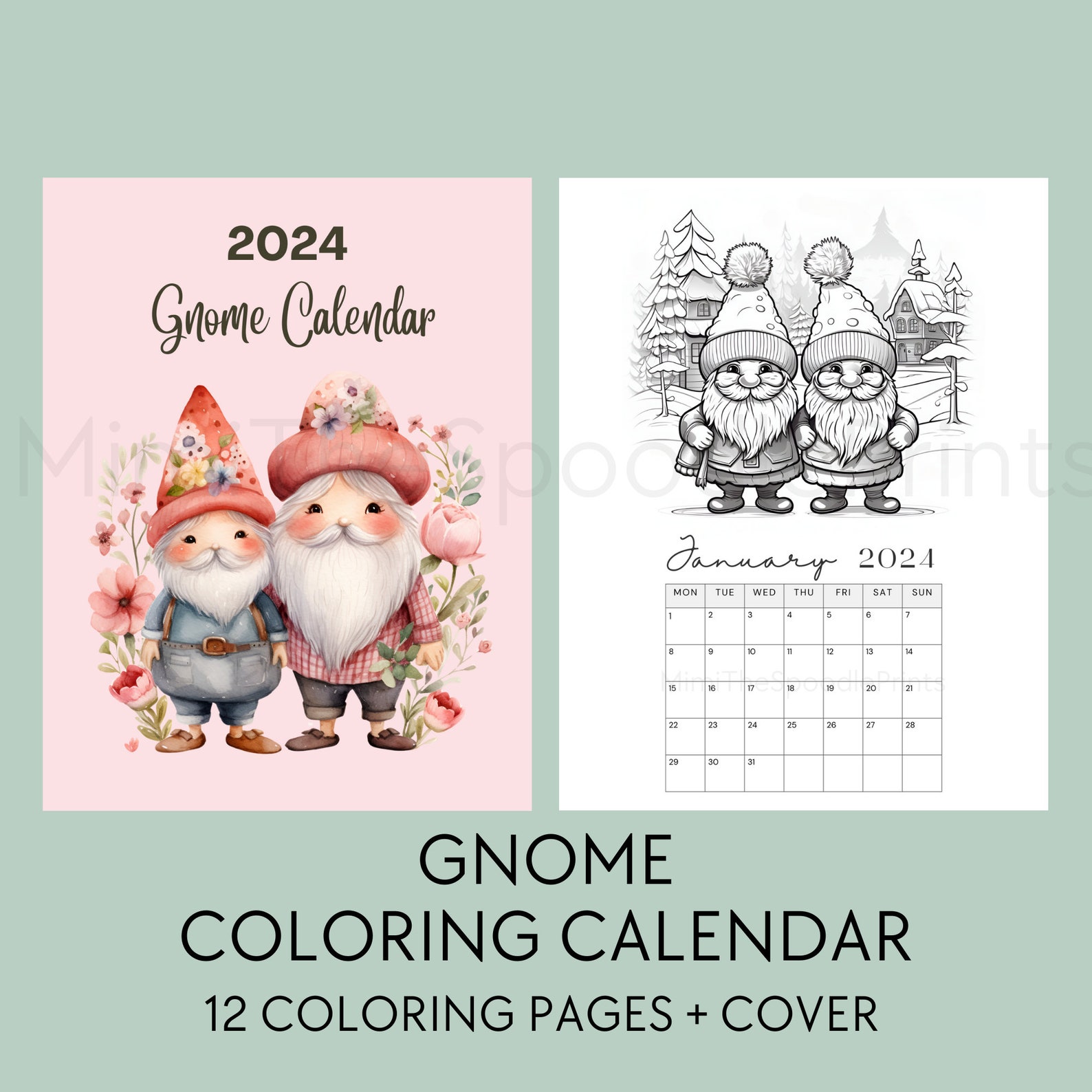 Gnome Coloring Calendar 2024 Printable, for Gnome Lovers, 2024 Monthly Planner, Cute Gnome