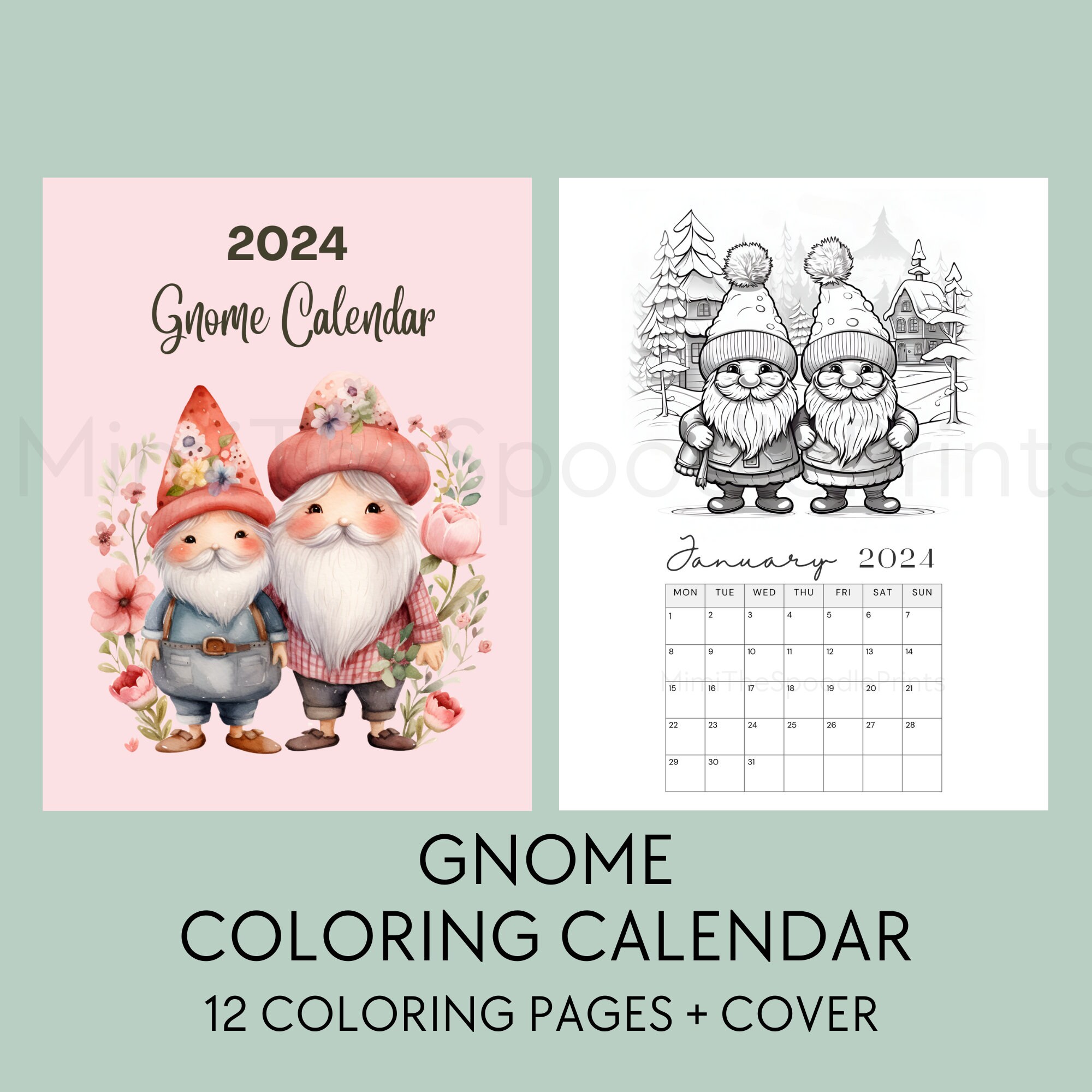 Gnome Coloring Calendar 2024 Printable, for Gnome Lovers, 2024 Monthly