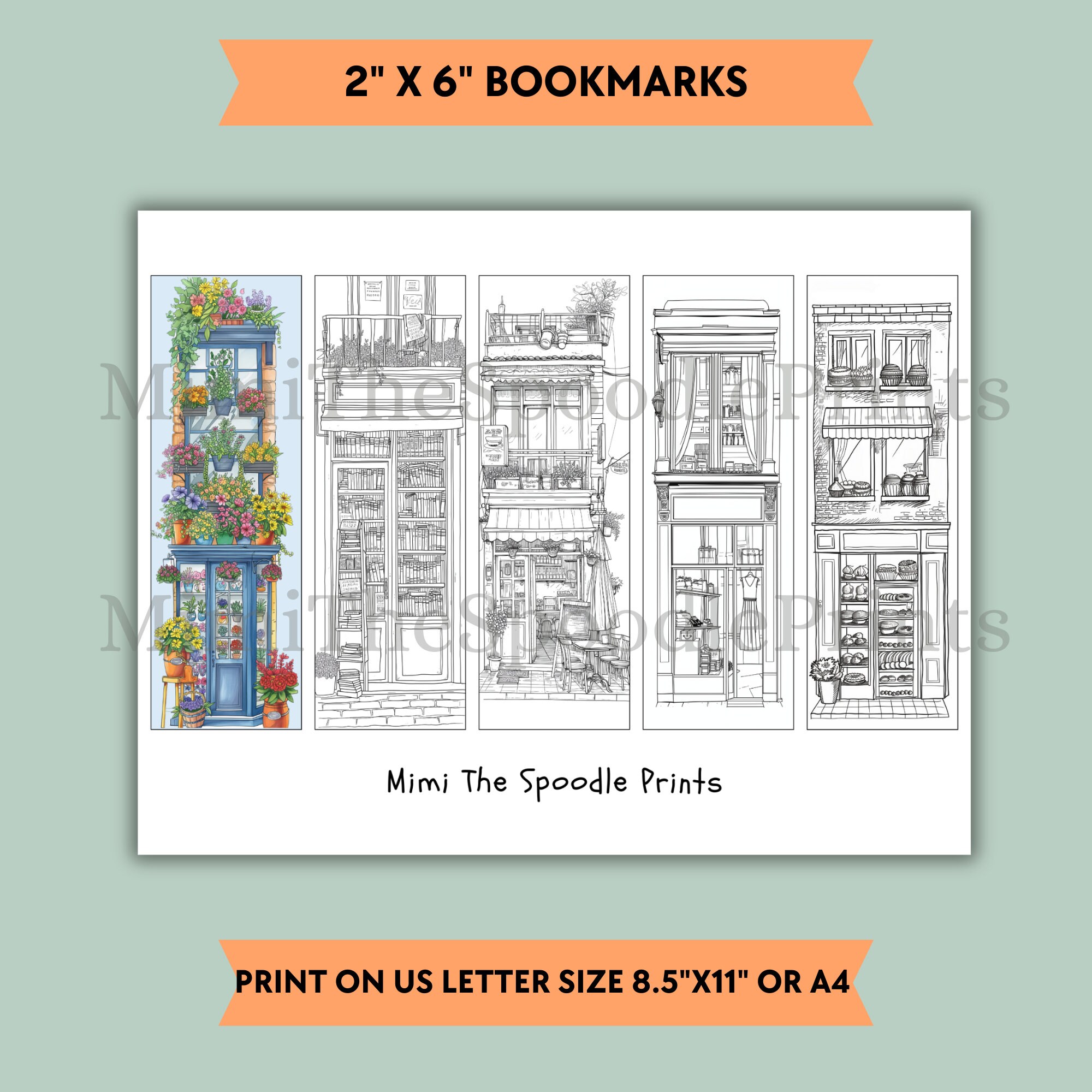 Storefronts Coloring Bookmarks Printable for Adults, Storefronts Bookmark, Urban Sketch Coloring ...