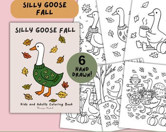Pages de coloriage d'automne de Silly Goose, activité de coloriage d'automne dessinée à la main pour enfants et adultes, téléchargement numérique PDF imprimable