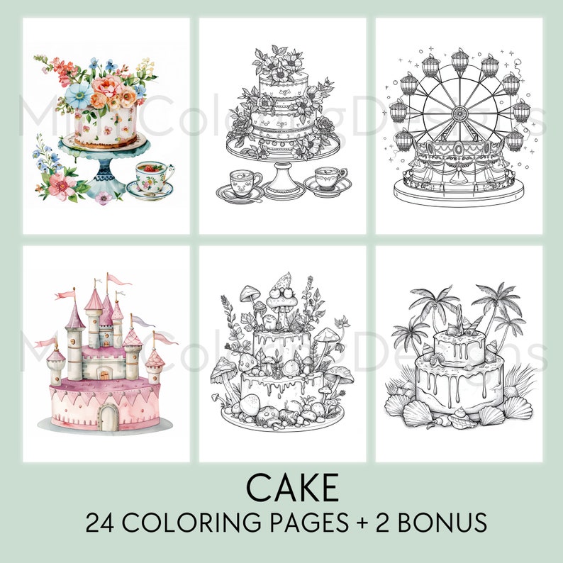24 Cakes Coloring Pages, for Adults and Kids, Printable Coloring Book ...