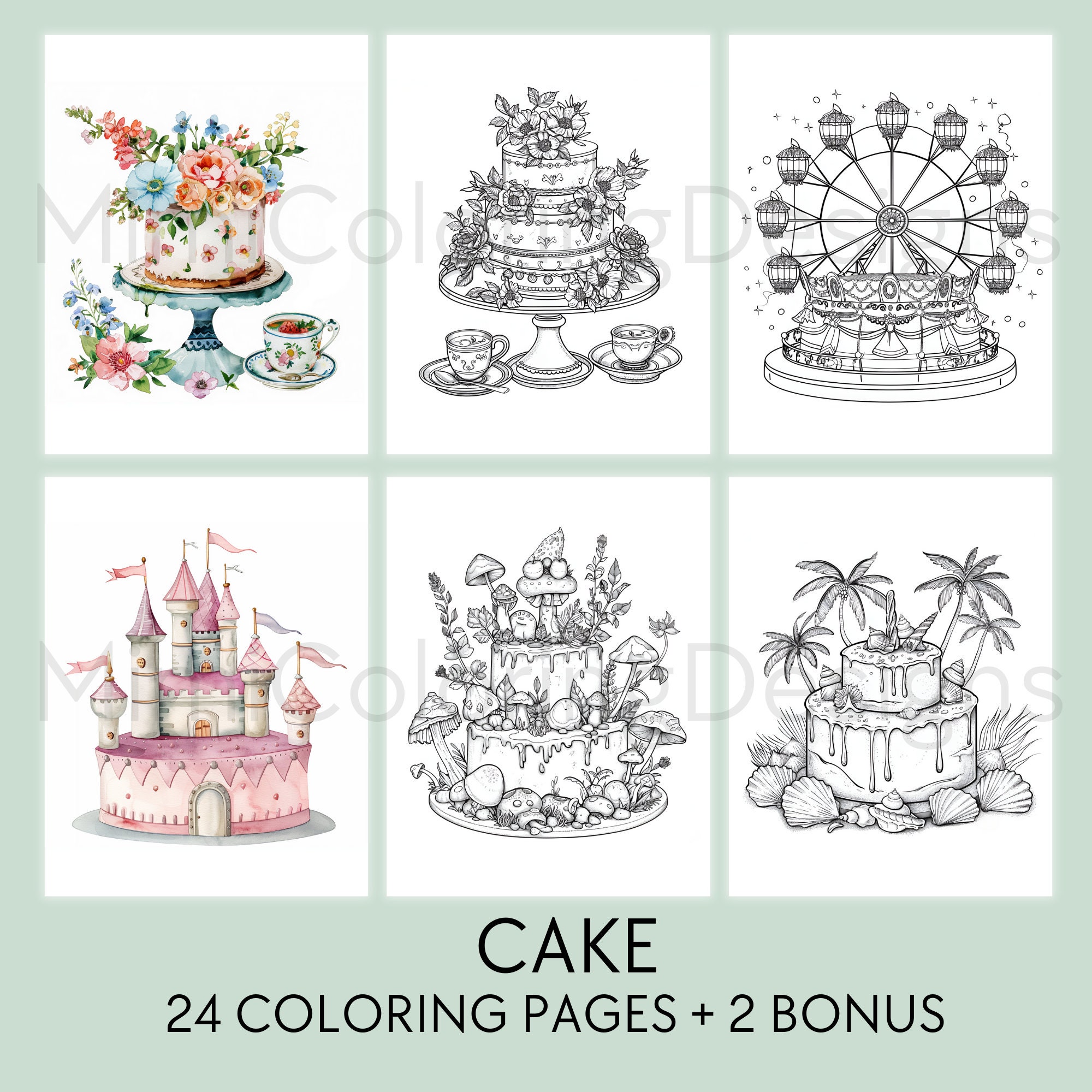 24 Cakes Coloring Pages, for Adults and Kids, Printable Coloring Book ...