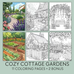 Cozy Cottage Gardens Coloring Pages for Adults, Printable Coloring Book, Garden Coloring, Relaxing Coloring, Cottagecore, Digital Download