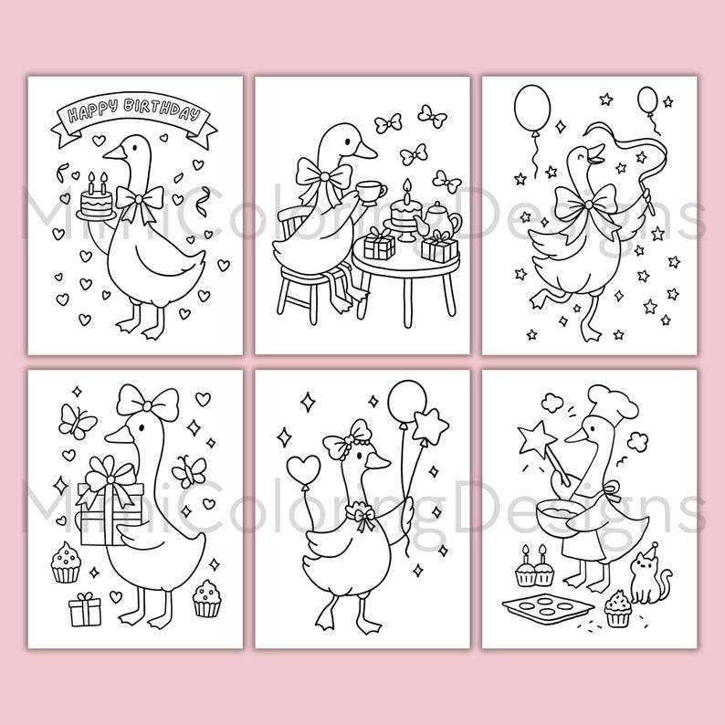 Printable silly goose coloring sheets for kids' birthday parties. Great DIY party activity for boys and girls ages 3-8. Entertain guests with cute animal drawings, party scenes & fun designs. Just download, print, and color! Ideal for indoor party fun or classroom birthday celebrations. No physical item shipped.