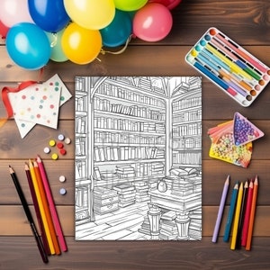 Library Coloring Pages for Adults, Printable Coloring Book, Enchanted Libraries, Booklover Gift, Relaxation, Stress Relief, Mindfulness Gift