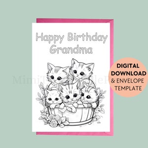 Färbung Geburtstagskarte druckbar, Oma Geburtstagskarte, alles Gute zum Geburtstag, Katze, druckbare Grußkarte, digitaler Download