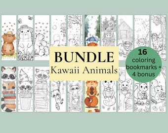 May include: A set of 16 black and white colouring bookmarks featuring cute kawaii animals. The bookmarks are designed for colouring and include 4 bonus designs. The text "Bundle Kawaii Animals" and "16 colouring bookmarks + 4 bonus" is included in the image.