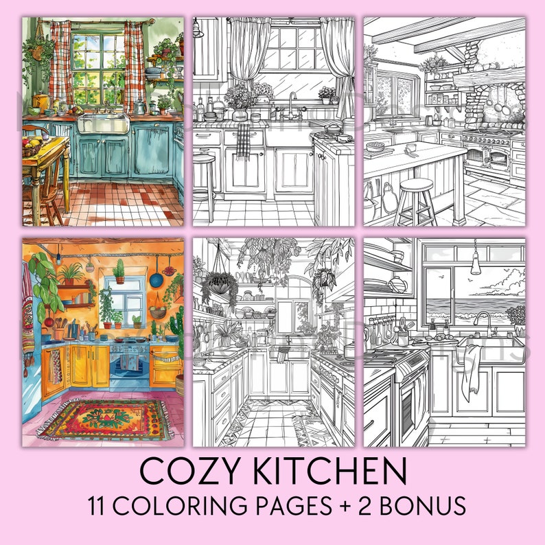Bundle Cozy Coloring Pages For Adults, Printable Coloring Book, Kawaii Cozy Corners Coloring, Cottage Gardens Coloring, Cozy Kitchen Coloring, Cozy Cafe Coloring