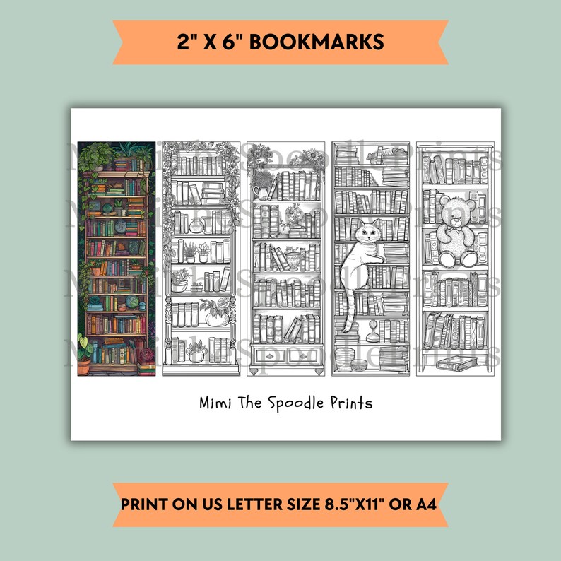 Literary Coloring Bookmarks Printable for Book Lover, Bookshelf Bookmarks, Reading Nook Decor, Book Lover Gift