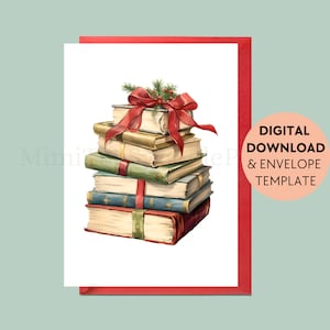 Literarische Freude Weihnachtskarte für Buchliebhaber, Merry Bookmas Karte, druckbare Grußkarte, digitaler Download