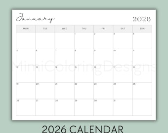 2026 Calendar Printable: Minimalist Monthly Planner, Landscape A4 Letter  (PDF Digital Download, 11x8.5")
