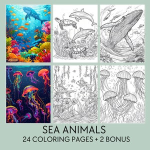 24 Sea Animal Coloring Pages for Kids and Adults, Printable Coloring Book, Ocean Coloring, Under The Sea, Fish, Whale, Digital Download