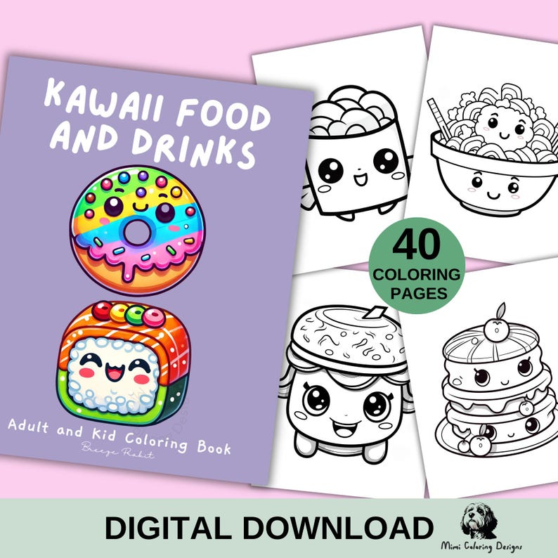 Kawaii Food and Drinks Coloring Pages for Adults and Kids, Printable Coloring Book, Kawaii Coloring, Digital Download