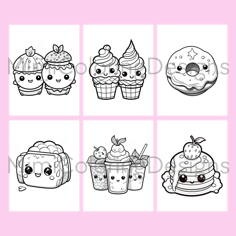 Kawaii Food and Drinks Coloring Pages for Adults and Kids, Printable Coloring Book, Kawaii Coloring, Digital Download