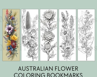 Op de afbeelding: Set van vijf zwart-witte lijntekeningen van Australische inheemse bloemen om in te kleuren. De bladwijzers zijn klaar om in te kleuren met je favoriete kleuren.