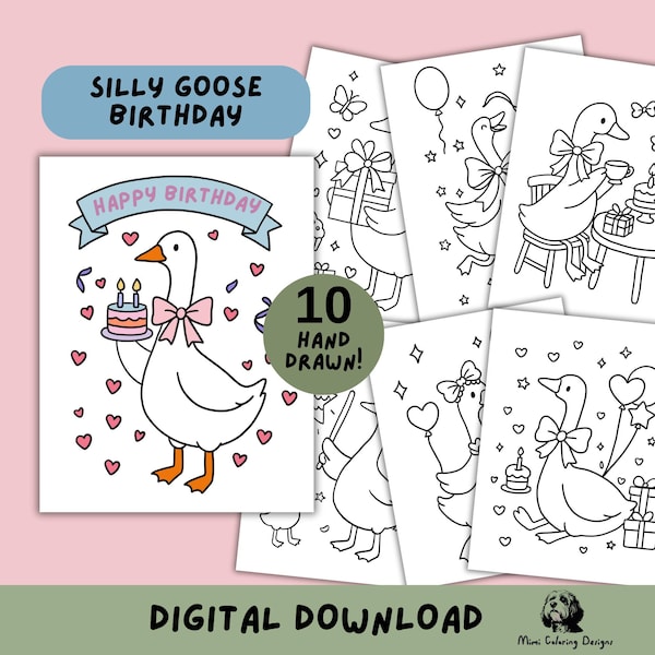 Silly Goose Birthday Coloring Pages for Kids: Party Activity Sheets, Printable Digital Download PDF